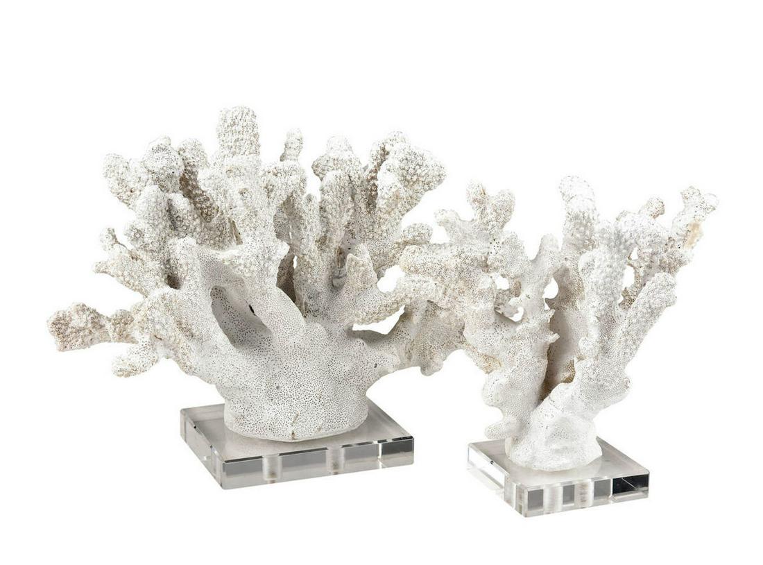 Two Faux Coral Scluptures: Two Faux Coral Scluptures, made of resin and mounted on clear lucite bases, height 8 in., width 12 in., depth 5 in. (large)