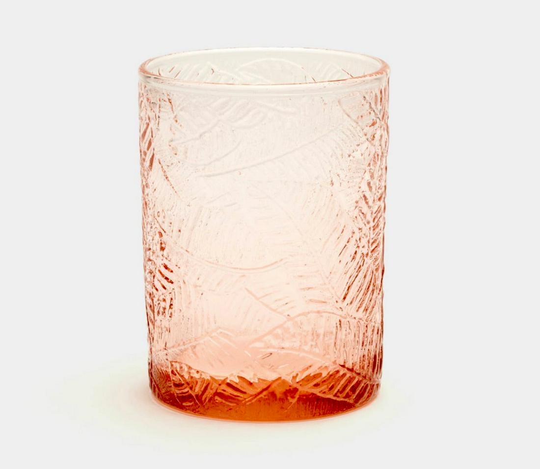 Set of Twelve Tumbler Glasses: Set of Twelve Tumbler Glasses Handcrafted from coral-pink blown glass, made in Italy. Dimensions: height 4 in., diameter 3 in., each Condition: Excellent.