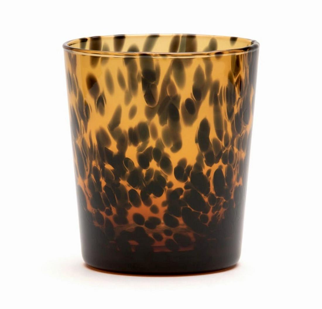 Set of Twelve Tumbler Glasses: Set of Twelve Tumbler Glasses Handcrafted from tortoiseshell blown glass, made in Italy. Dimensions: height 4 in., diameter 3.5 in., each Condition: Excellent. <