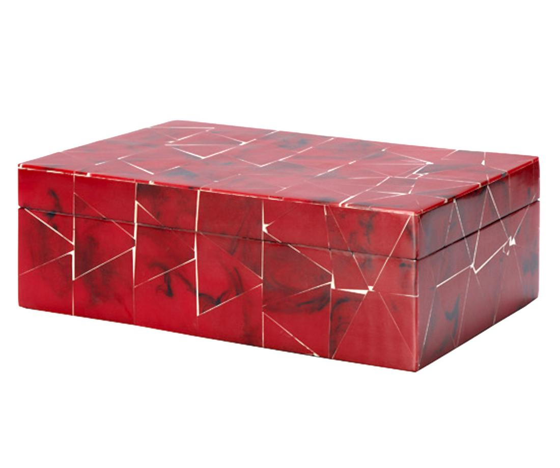 Large Tessellated Box: Large Tessellated Box A handcrafted wooden box, in the Manner of Karl Springer, inlaid with red-marbled tiles made of resin. Dimensions: height 4 in., width 12 in., depth 8 in.