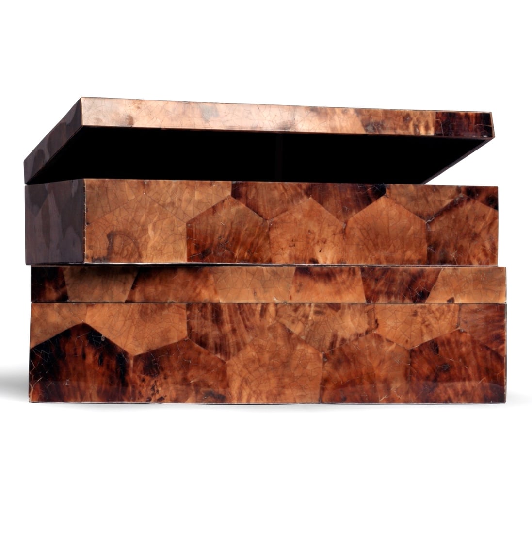 Set of Two Tiger-Eye Penshell Boxes: Set of Two Tiger-Eye Pen Shell Boxes A contemporary set of decorative boxes, clad in a mosaic of tiger-eye pen shells. Dimensions: height 4 in., width 14 in., depth 7 in., large; height 3.5