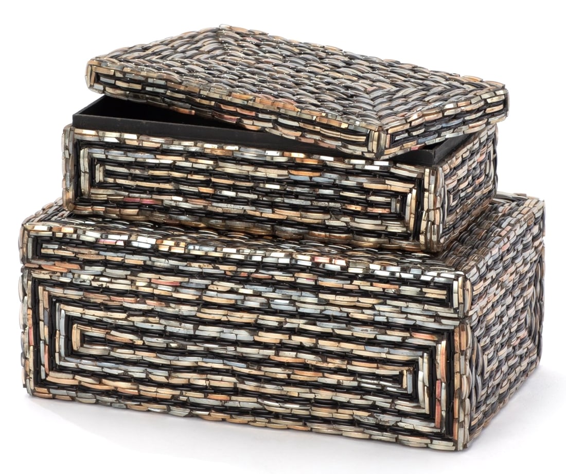 Set of Two Mosaic Boxes: Set of Two Mosaic Boxes A contemporary set of handmade decorative boxes, clad in a mosaic of glass pieces. Dimensions: height 5 in., width 12 in., depth 7.5 in., large; height 3.5 in., width