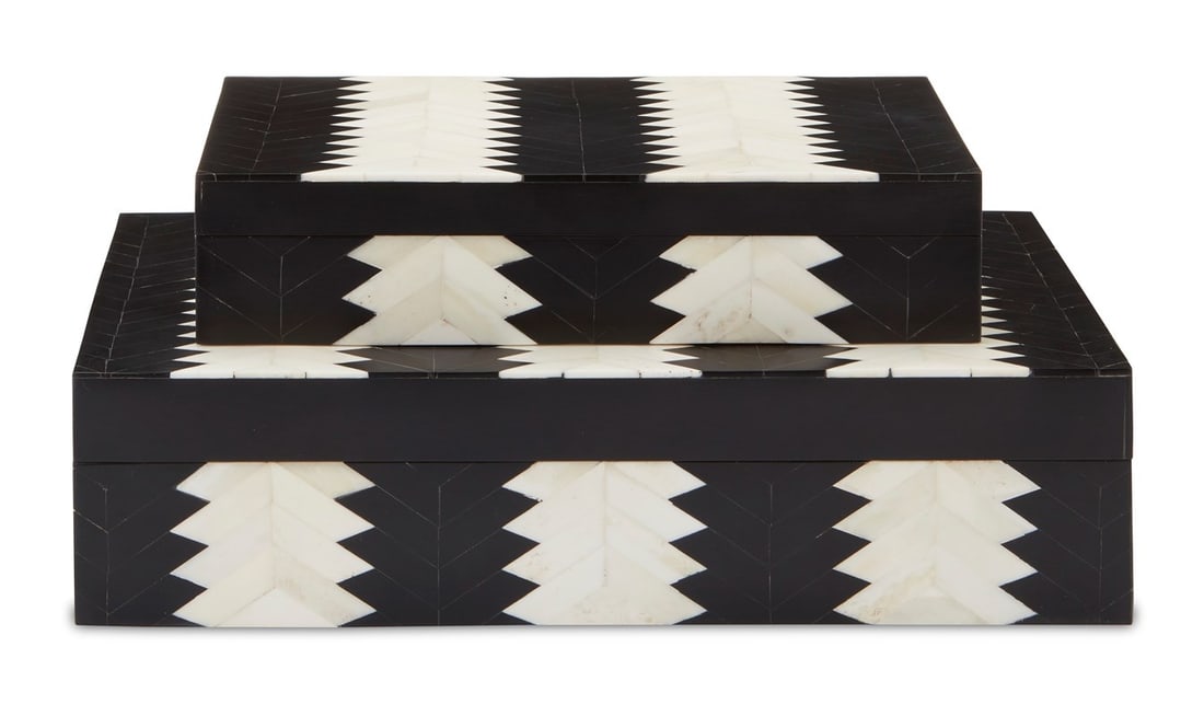 Set of Two Decorative Boxes: Set of Two Decorative Boxes A handmade set of wooden boxes, tessellated with bone and resin tiles. Dimensions: height 3 in., width 12 in., depth 7 in., large; height 2 in., width 9 in., dept