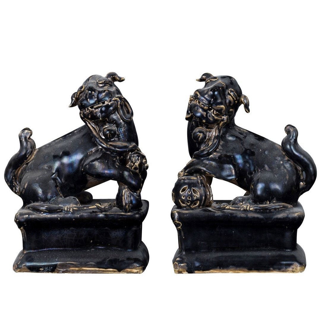 Pair of Black-Glazed Foo Dogs (1 of 4)