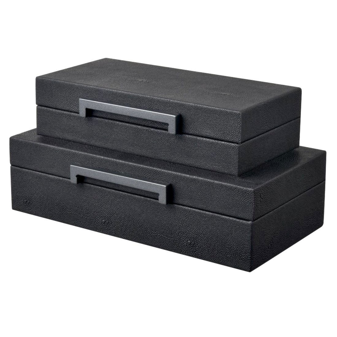 Set of Two Shagreen Boxes: Set of Two Shagreen Boxes A contemporary set of decorative boxes, clad with faux-stingray leather, and velvet-lined interior. Dimensions: height 2.5 in., width 12 in., depth 6 in., large; he