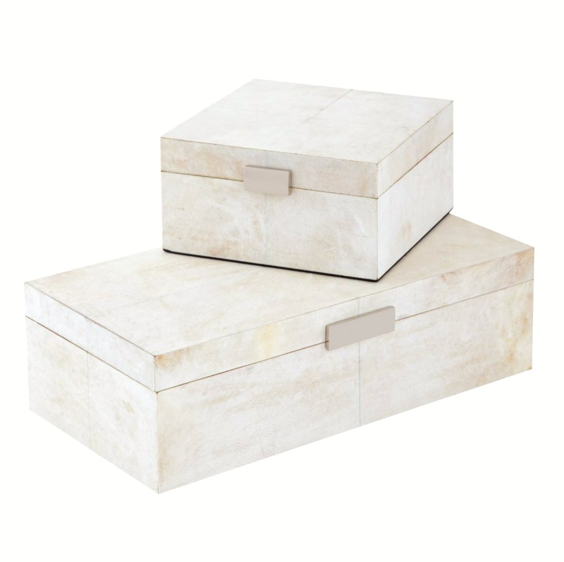 Set of Two Parchment Leather Boxes: Set of Two Parchment Leather Boxes A contemporary set of decorative boxes, clad in natural parchment leather. Dimensions: height 4 in., width 14 in., depth 7 in., large; height 4 in., width