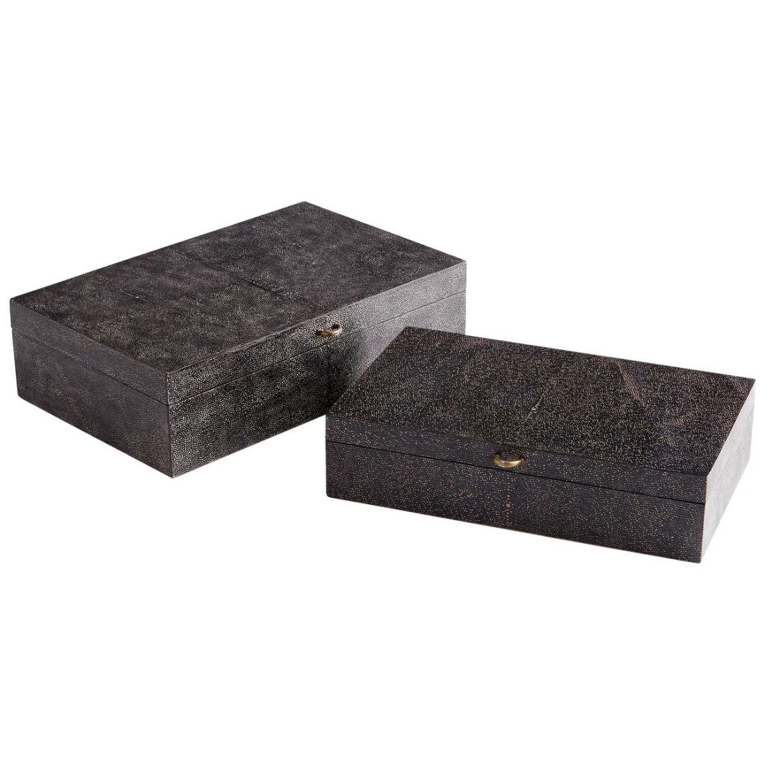 Set of Two Large Shagreen Leather Boxes: Set of Two Large Shagreen Leather Boxes A contemporary set of decorative boxes, in the Manner of Karl Springer, clad in faux-stingray leather, and interiors lined with tan velvet. Dimensions:
