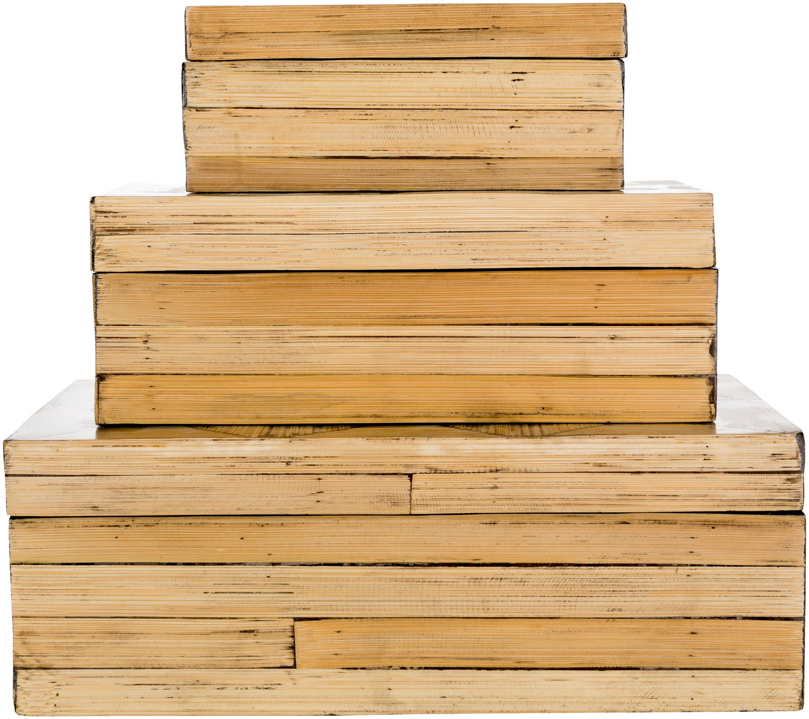 Set of Three Bamboo Boxes: Set of Three Bamboo Boxes A handcrafted set of decorative boxes made of natural bamboo wood with a lacquered finish. Dimensions: height 5 in., width 14 in., depth 8 in., large