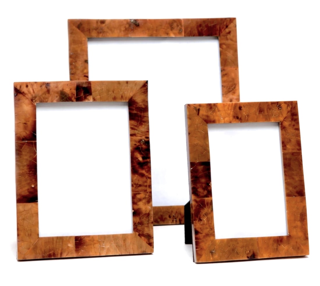 Set of Three Pen Shell Picture Frames: Set of Three Pen Shell Picture Frames A handcrafted set of wooden frames, tessellated with tiger-eye pen shells. Dimensions: 8x10 in., large; 5x7 in., medium; 4x6 in., small Co