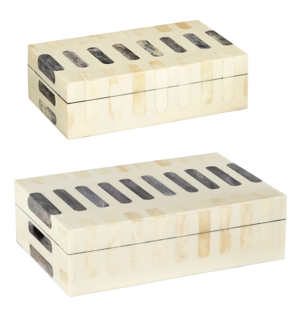 Set of Two Decorative Boxes: Set of Two Decorative Boxes A handmade set of wooden boxes, tessellated with natural bone tiles. Dimensions: height 4 in., width 12 in., depth 8 in., large; height 3 in., width 10 in., depth