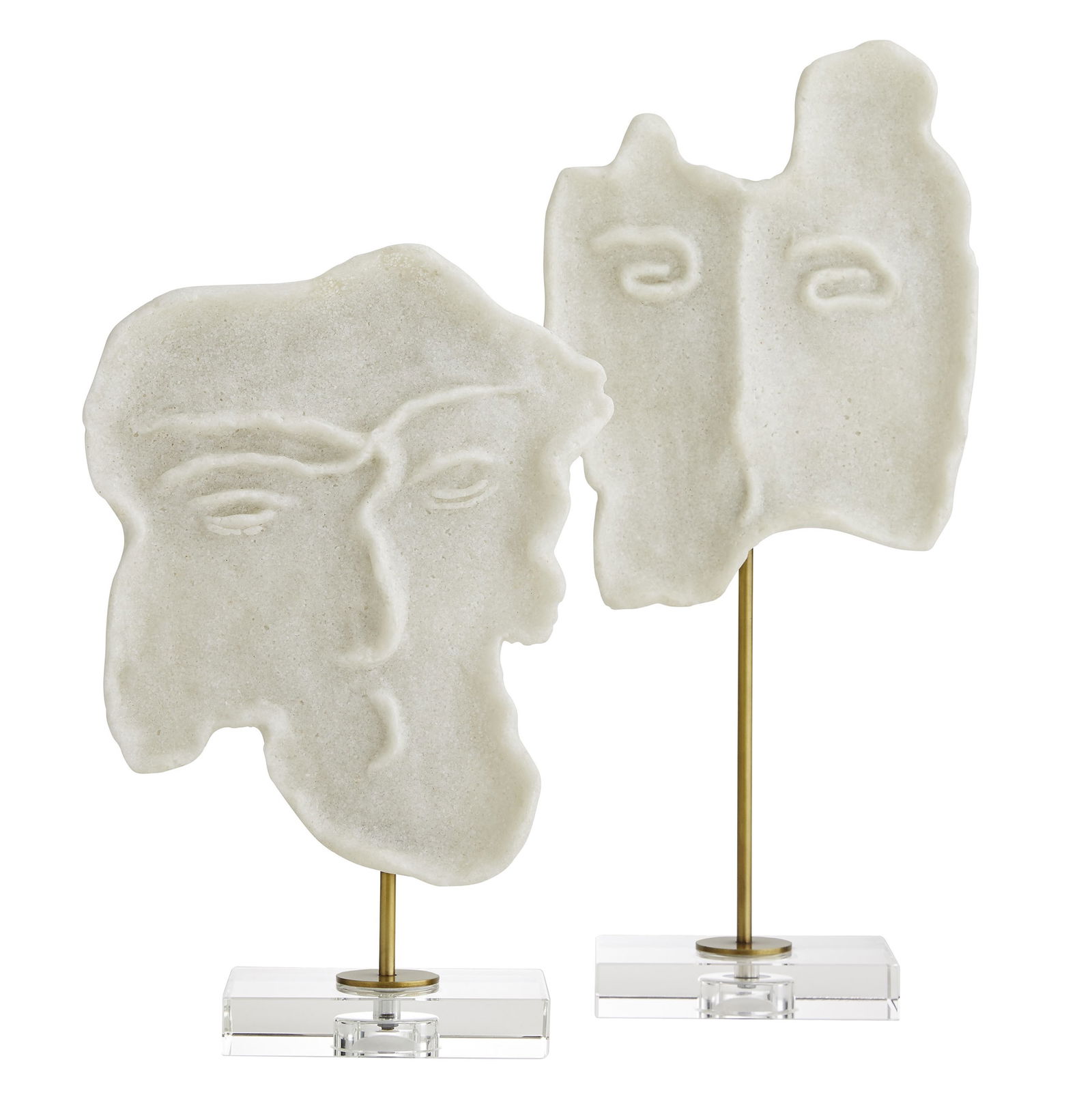 Set of Two Abstract Sculptures: Set of Two Abstract Sculptures A contemporary set of decorative objects, made of sandstone and mounted upon crystal glass bases. Dimensions: height 20 in., width 9 in., depth 4 in., large; h