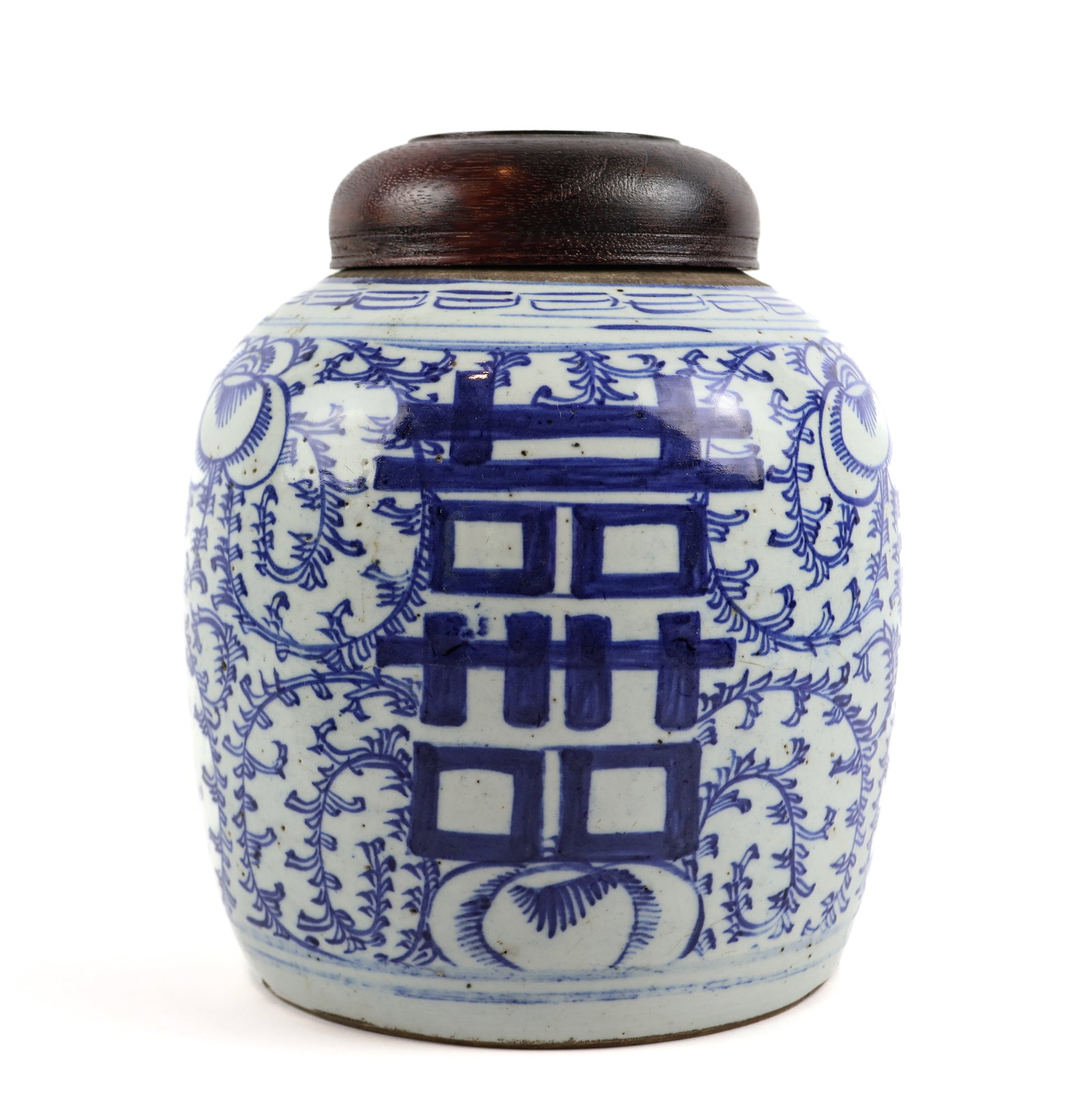 Vintage Porcelain Blue and White Ginger Jar with Wooden Lid: Vintage Chinese porcelain. Blue and white ginger jar with wooden lid. Shows wear from age.