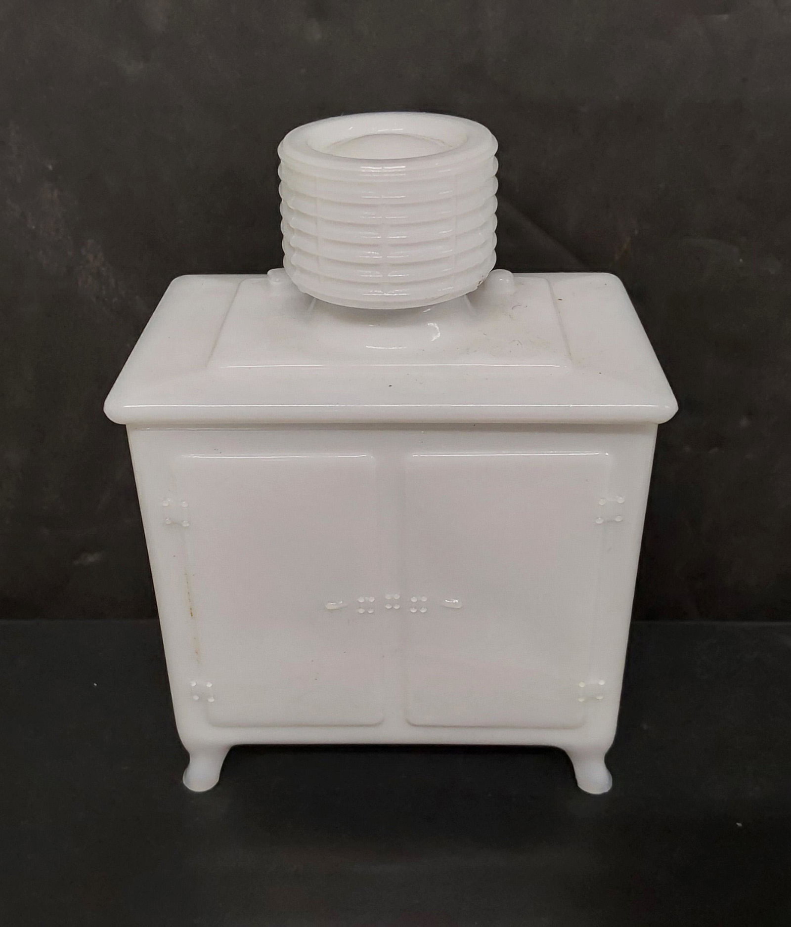 General Electric milk glass container: 5"H x 2 1/4"D x 3 3/4"W