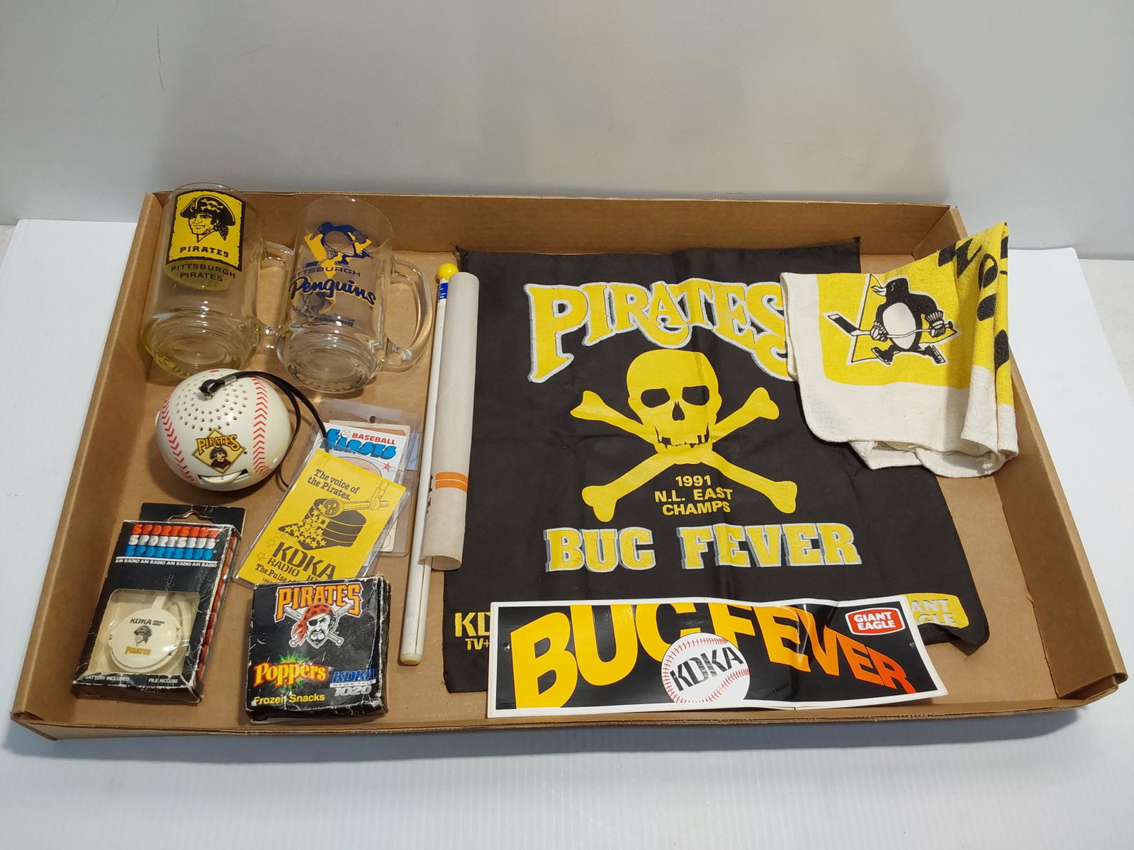 KDKA Radio Pirates & Penguins memorabilia: Pirates Buc Fever, flags, bumper sticker, the voice of the Pirates, glasses and more...