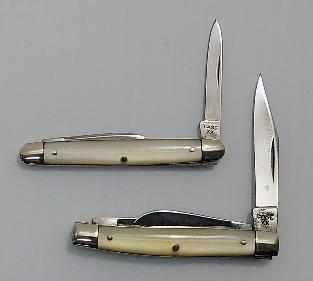 (2) Case XX 1940-1964 era pocket knives: (1) Case XX (9201) (1940-1964) two blade Senators pen pocket knife, 1 1/2" pen blade & 1 1/4" pen blade, 2 3/4" closed (4 1/4" overall). Quality imitation pearl handles. NEW (1) Case XX (9333) (1940-1