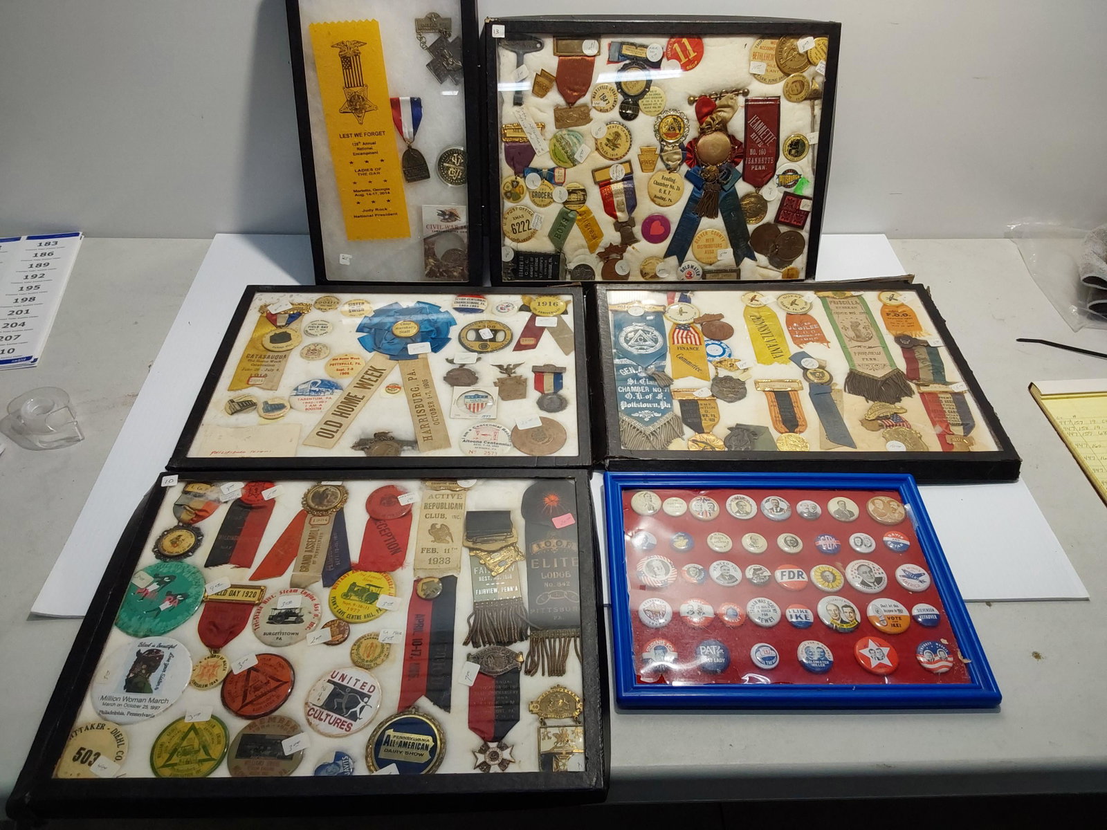 huge lot of pins and ribbons: political, local, national, steam engines, events, Altoona, , Pottsville, Willow Grove, Harrisburg PA and more...