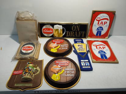 lot of plastic beer signs: Old German, Schaefer, Stoney's, Pabst, Miller