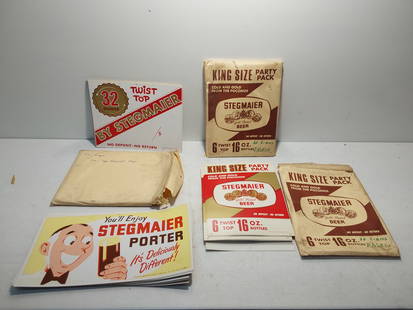 large lot of NOS Stegmaier cardboard signs: (14) Stegmaier Porter cardboard signs, 10" x 18" (37) Stegmaier King Size easle back signs, 10 1/2" x 14" (36) Stegmaier Twist Top price signs, 11" x