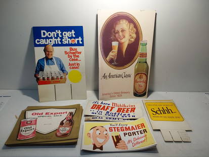 lot of cardboard beer advertising signs: (20) Old Export cardboard signs, 14" x 17" (9) Stegmaier signs (2) Muhlheim signs Chesterfield, 18" x 30", has some water damage on left edge