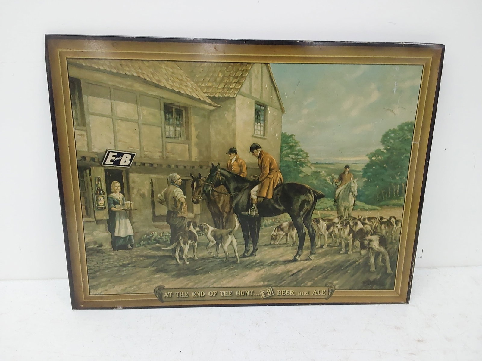 E and B Beer and Ale tin over cardboard sign: "At the End of the Hunt"15 1/2" x 20"