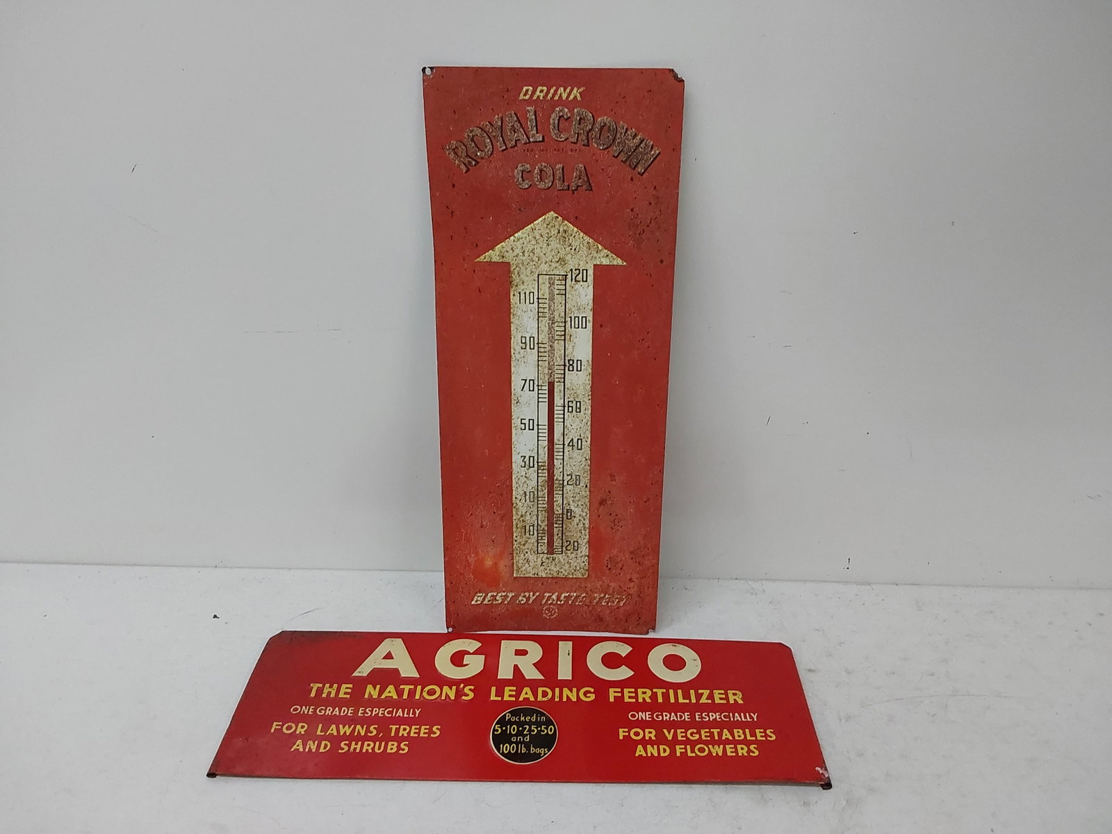 Agrico Fertilizer rack sign, Royal Crown tin sign: Agrico is 8" x 24" Royal Crown is 10" x 25"