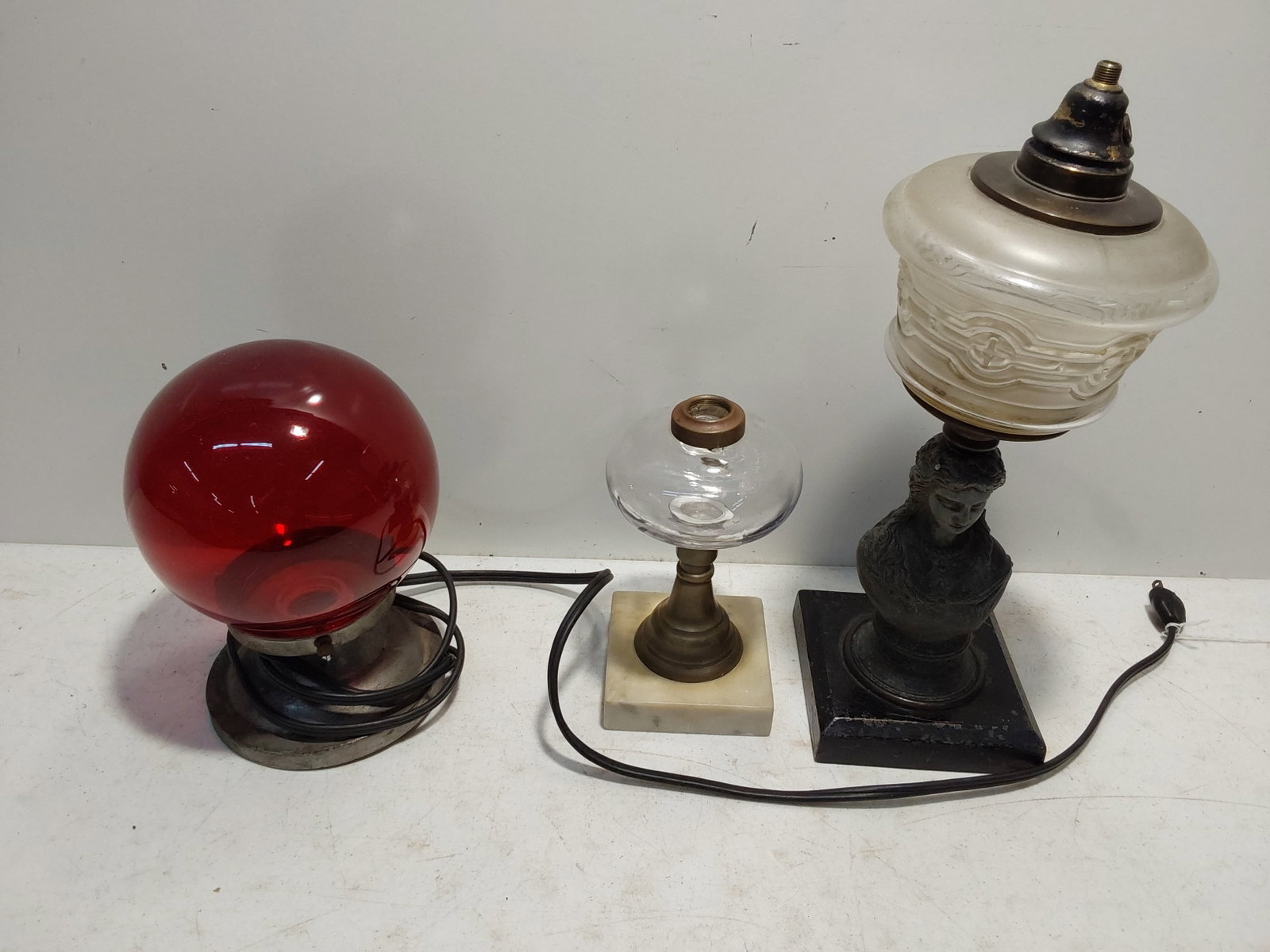 (2) whale oil lamps and red electric lamp: (2) whale oil lamps and red electric lamp