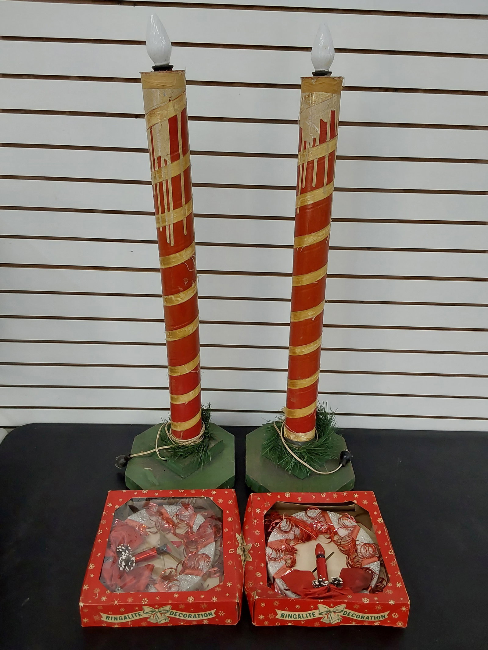 vintage Christmas items: (2) primitive electric candle sticks (2) Ring-A-Lite electric wreaths