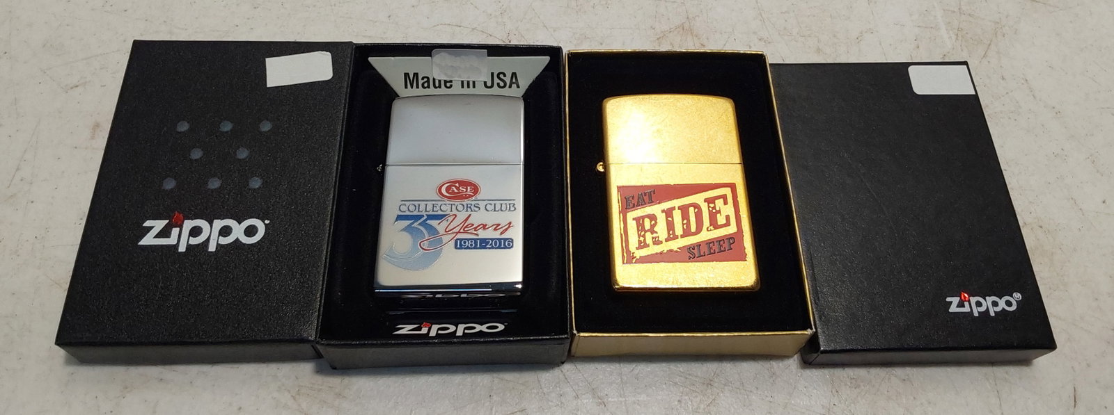 (2) unused collectible Zippo lighters: (1) 2004 Marlboro EAT RIDE SLEEP Brass Street Chrome Zippo lighter in box. Unused. (1) 2016 Case Collectors Club 35th Anniversary High Polish Chrome Zippo lighter in box. Unused.