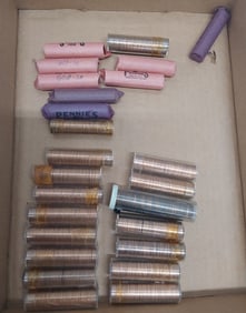 flat with (25) rolls of copper pennies