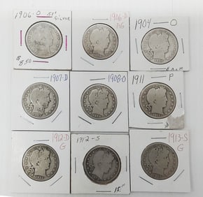 (9) Barber silver halves (90%)