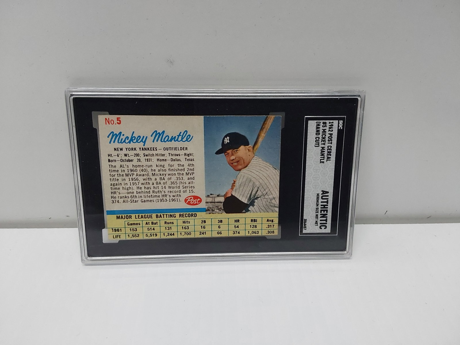 1962 Post Cereal #5 Mickey Mantle SGC graded card: Hand cut. Authentic