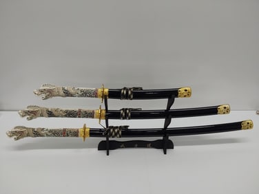 Samurai knife and sword set (3) with stand