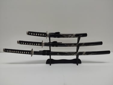 Samurai knife and sword set (3) with stand