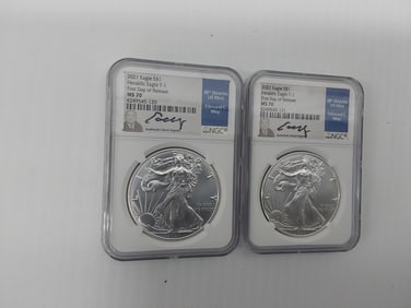 (2) 2021 MS-70 signed silver Eagles