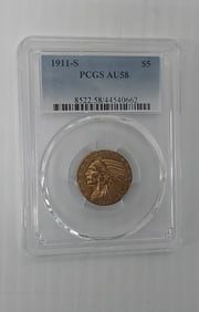 1911-S AU-58 $5.00 Indian head gold coin