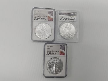 (3) signed MS-70 silver Eagles