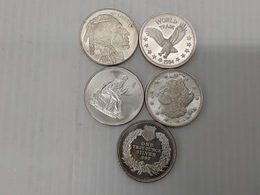 (5) 1 ozt .999 miscellaneous silver rounds