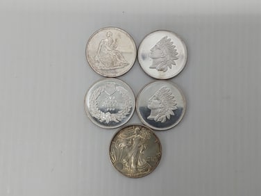 (4) 1ozt .999 silver round and 1993 silver Eagle