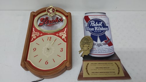 Stroh's plastic light up clock and PBR sign