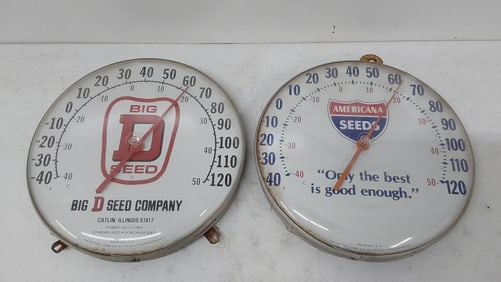 (2) vintage seed advertising thermometers