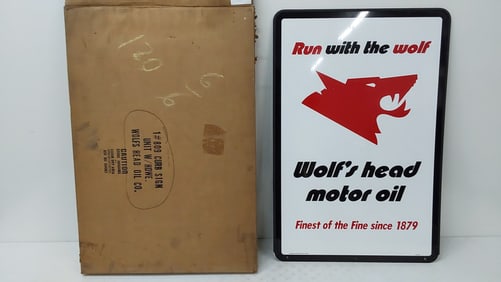 NOS Wolf's Head Motor Oil curb sign