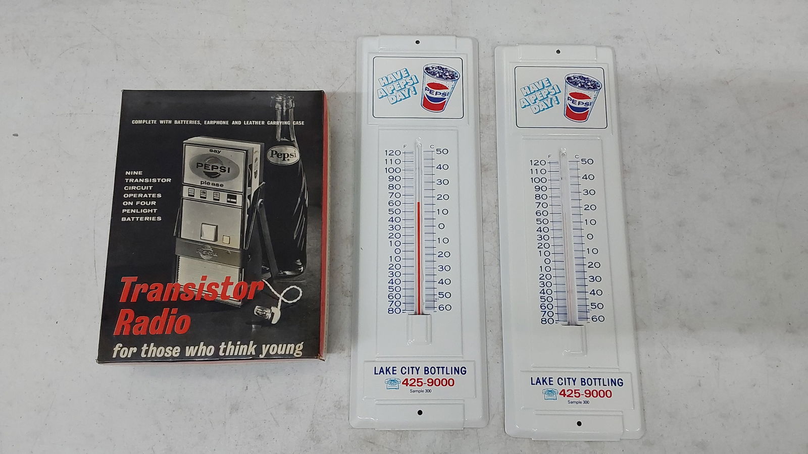 (2) Pepsi thermometers and Pepsi transistor radio (1 of 2)