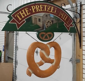 The Pretzel Mill wood sign with hanger