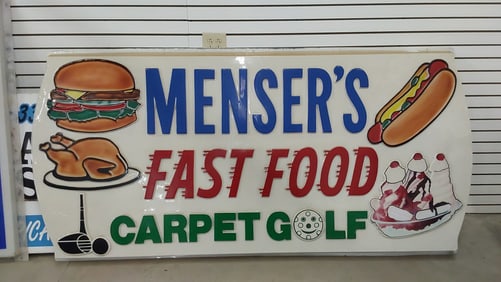 Menser's Fast Food and Carpet Golf plastic sign