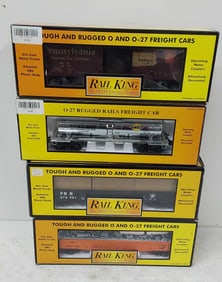 (4) Rail King train cars in boxes