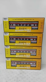 (4) Rail King train cars in boxes