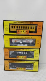 (4) Rail King train cars in boxes