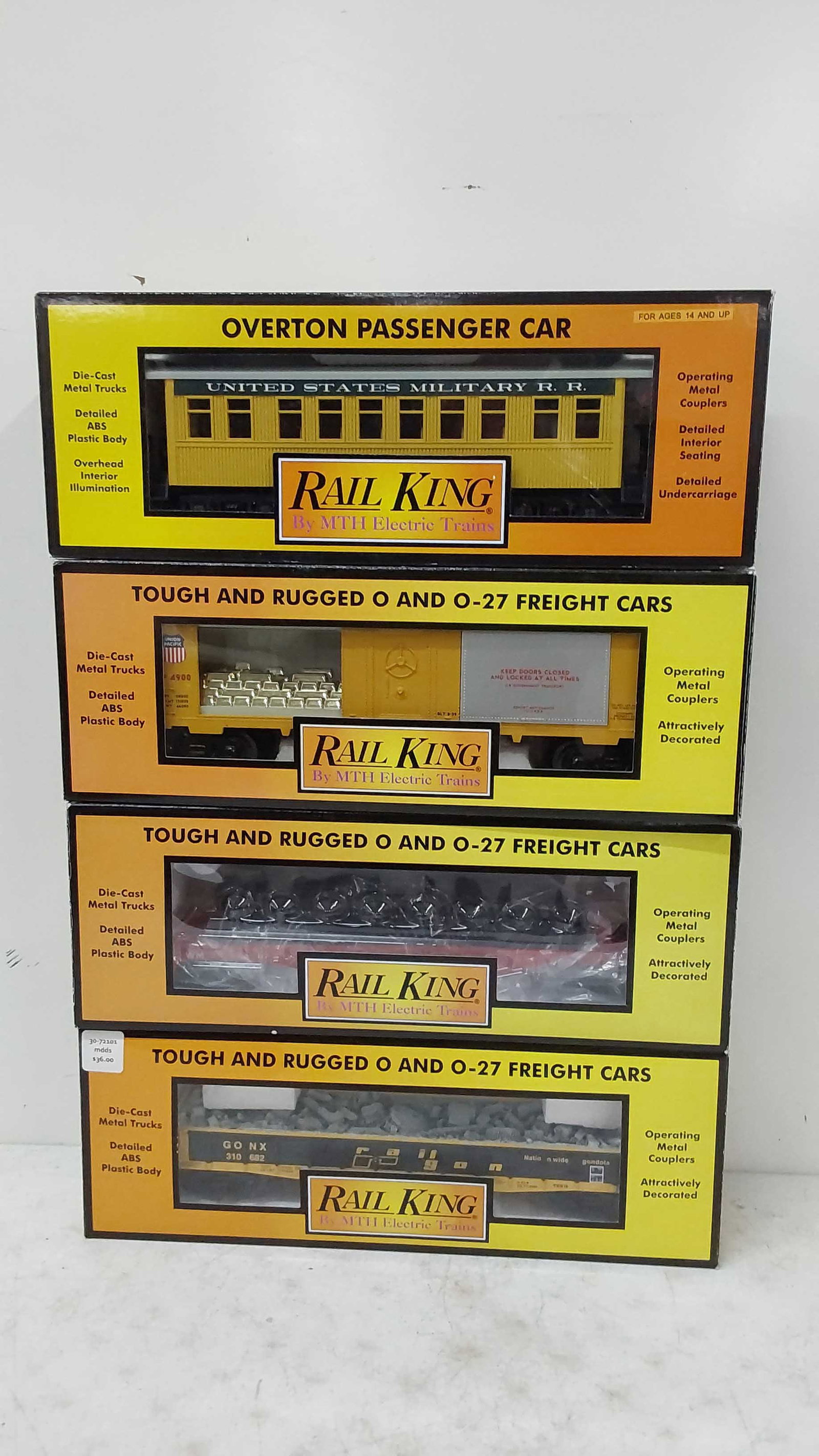 (4) Rail King train cars in boxes: 30-72101 30-76457 30-74530 30-6430C