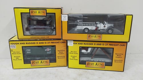 (3) Rail King railroad cars and fire truck