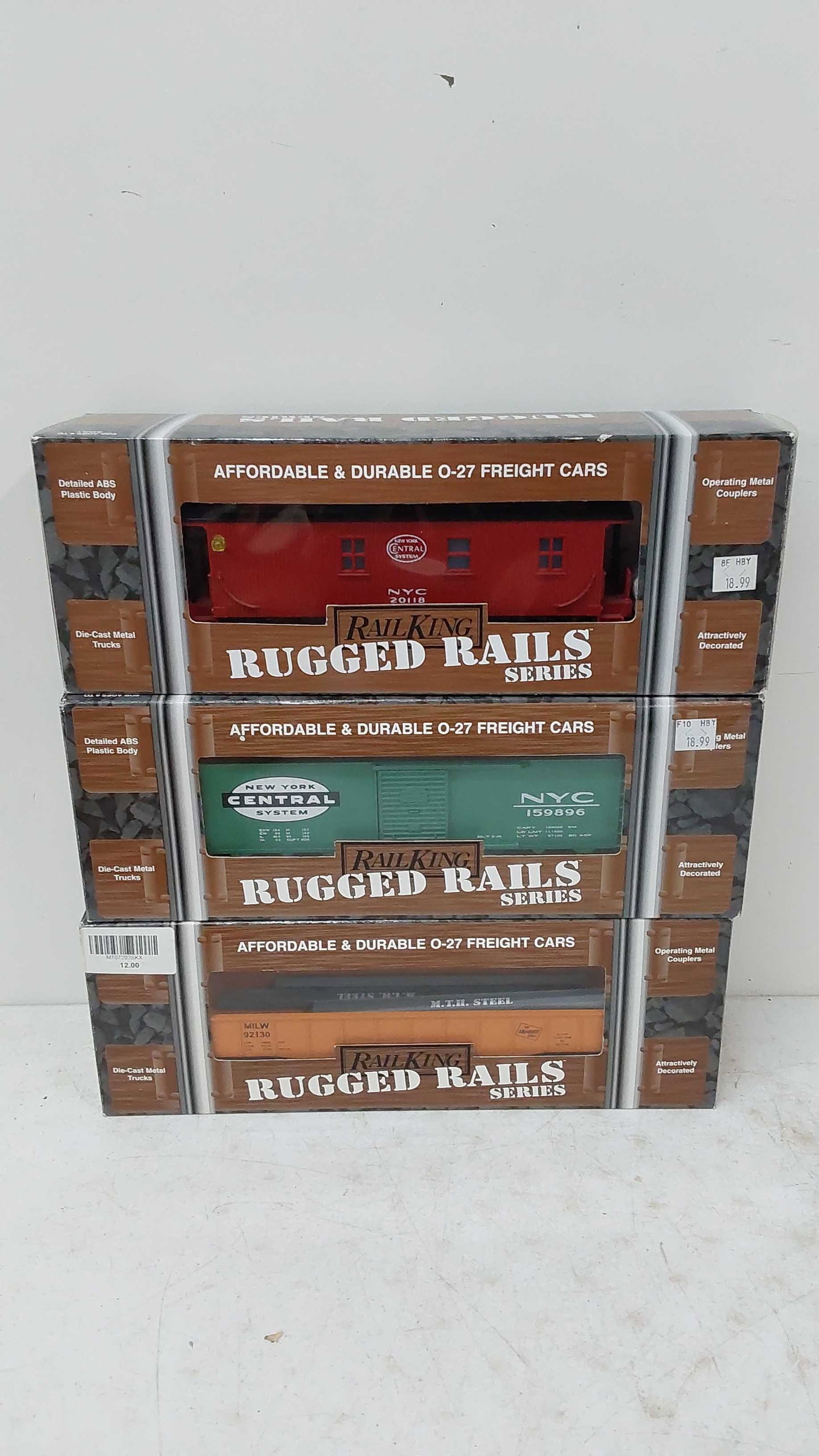 (3) Rail King train cars with boxes: 33-7202 33-7401 33-7802